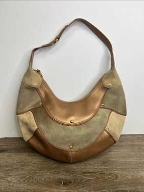 Cole Haan Patchwork Leather & Calf Hair Hobo Bag Brown Tan Gold  Shoulder Bag